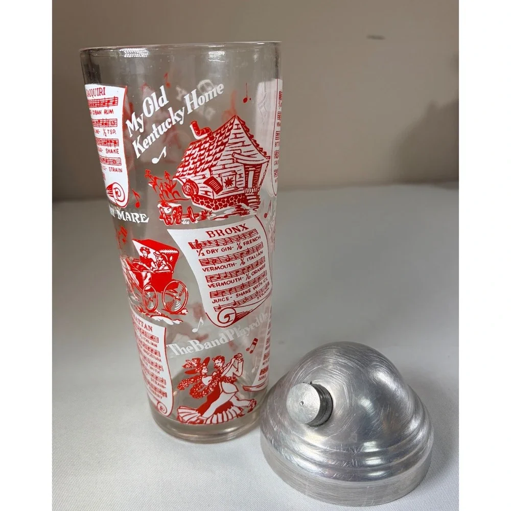 Vintage Mid Century Glass Cocktail Shaker Red Recipes Music Aluminum Lid 60s